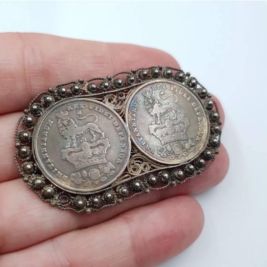 Double Georgian Coin Brooch George IV Shilling 1825 1826 Cannetille Filigree - Image 2