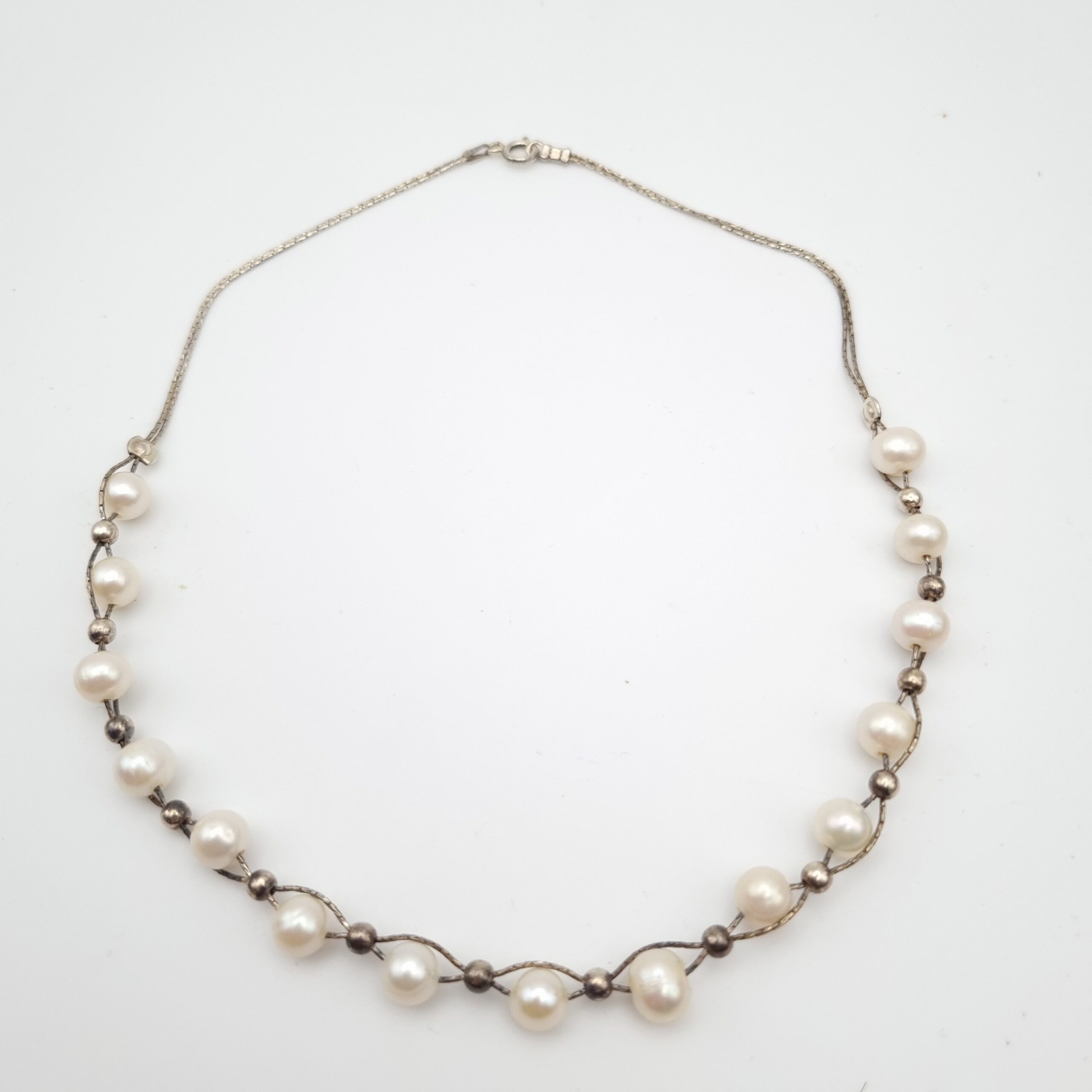 Chain Linked Pearl Necklace Sterling Silver Italy Ital 925 17in 6 7 mm 15.1g - Image 3