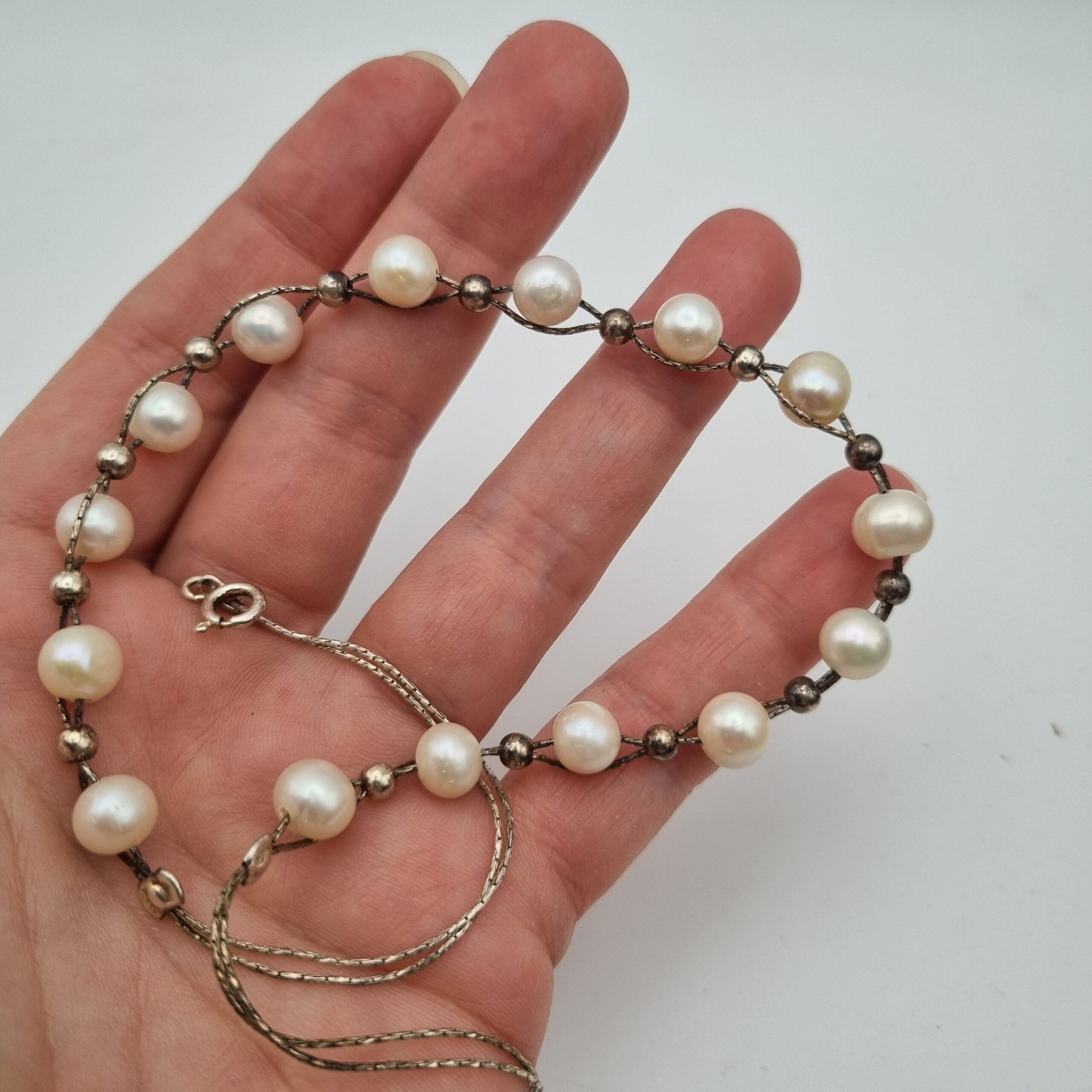 Chain Linked Pearl Necklace Sterling Silver Italy Ital 925 17in 6 7 mm 15.1g - Image 2