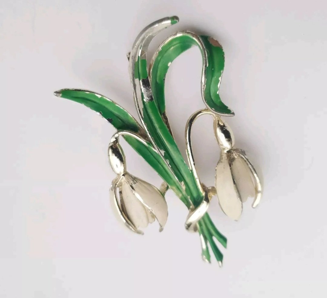 Vintage Exquisite Brooch Snowdrop 1950s Birthday Series Enamel Worn Flower Large
