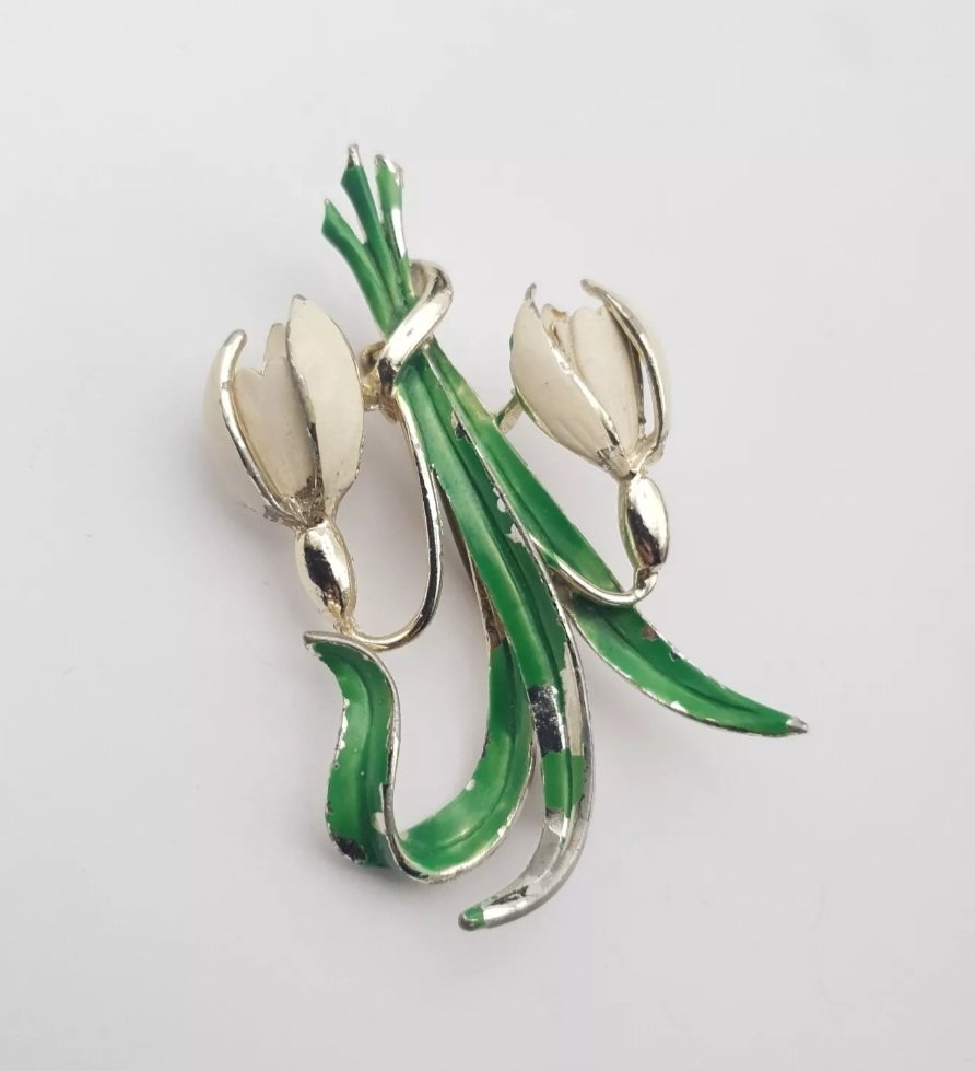 Vintage Exquisite Brooch Snowdrop 1950s Birthday Series Enamel Worn Flower Large - Image 3