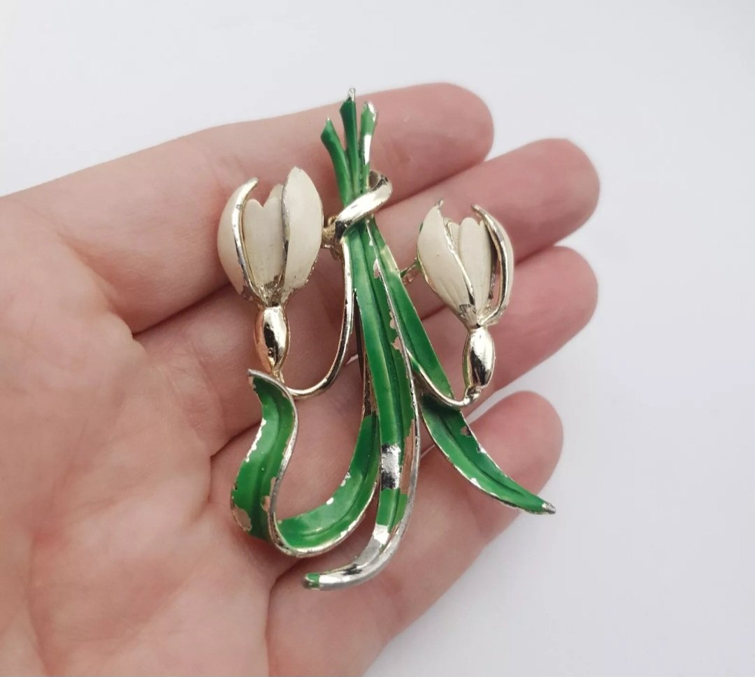 Vintage Exquisite Brooch Snowdrop 1950s Birthday Series Enamel Worn Flower Large - Image 4