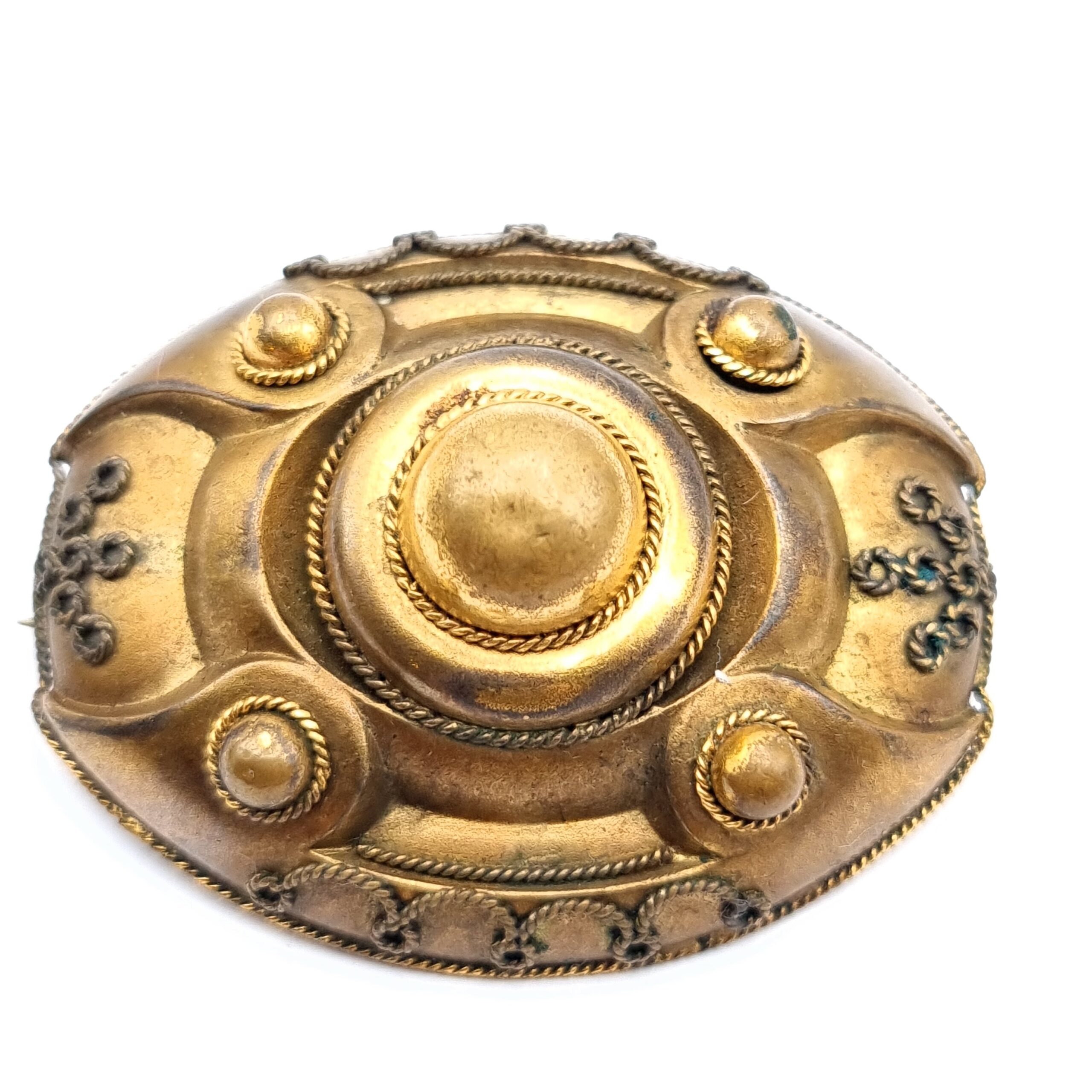 Victorian Etruscan Revival Brooch Yellow Metal Domed