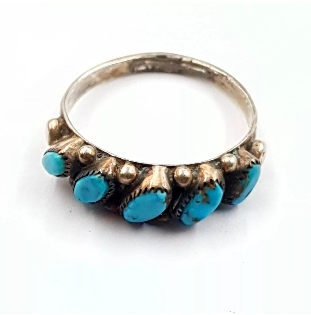 Native American Turquoise Ring Sterling Silver 5 Stone P 7.5 Vintage South Western - Image 6