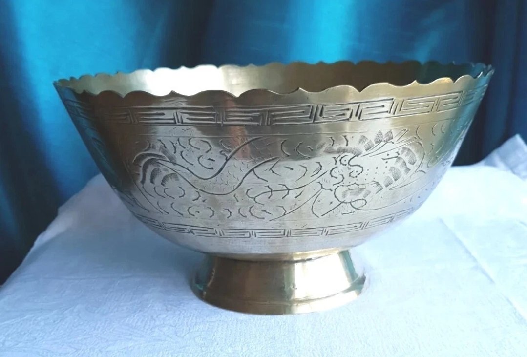 Vintage Chinese Dragon Bowl Large Turned Brass