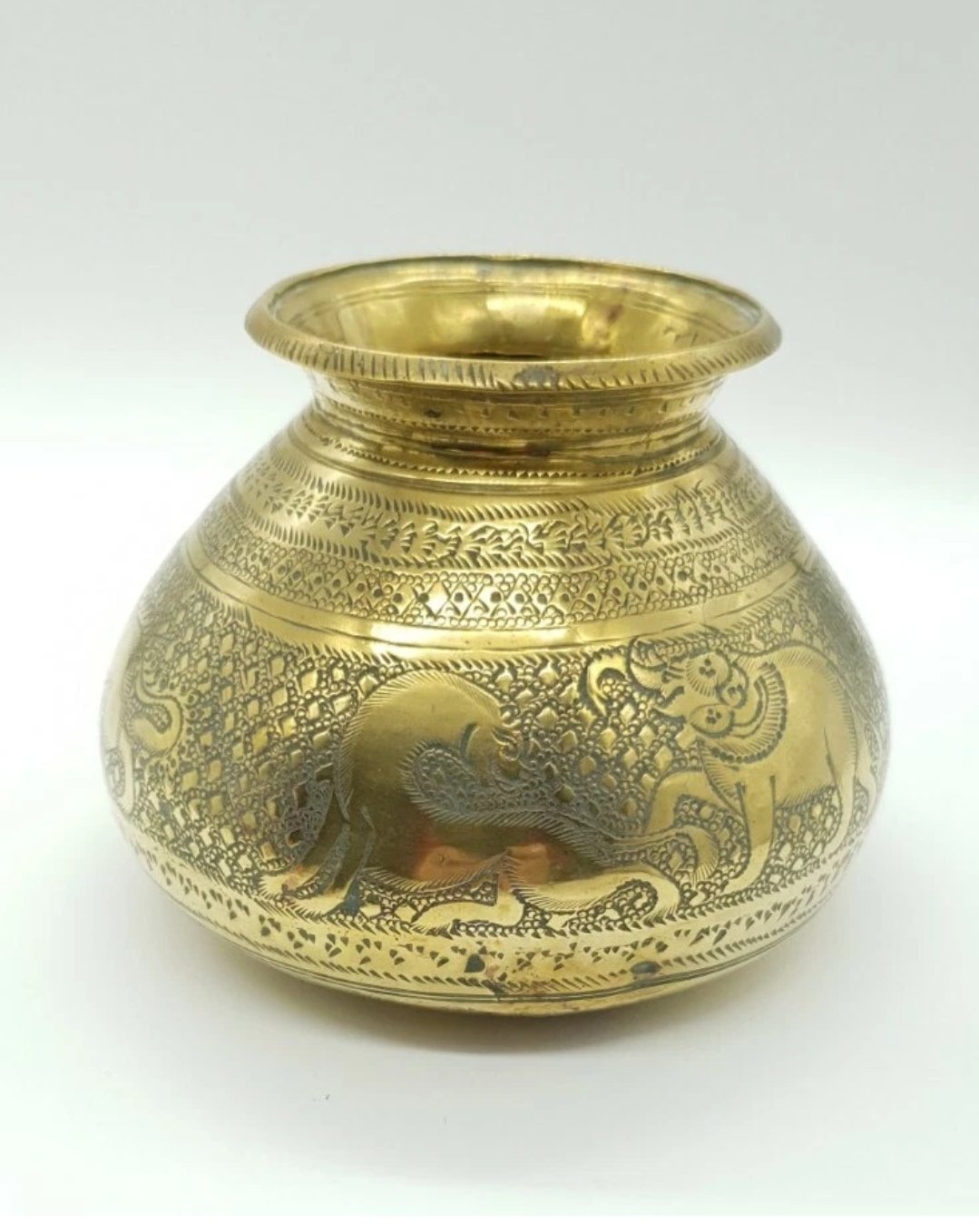 Antique Indian Brass Water Lota Bowl Engraved