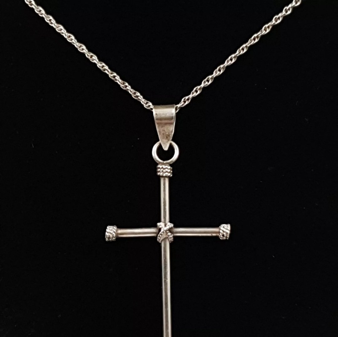 Large Silver Cross Pendant Necklace Vintage