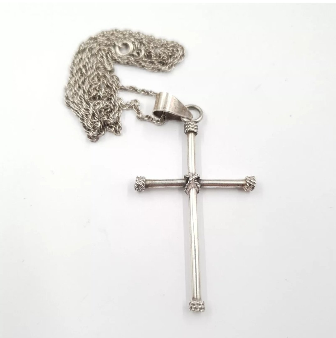 Large Silver Cross Pendant Necklace Vintage