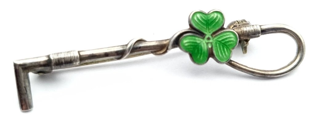 Guilloché Enamel Shamrock Brooch Sterling Silver Riding Crop