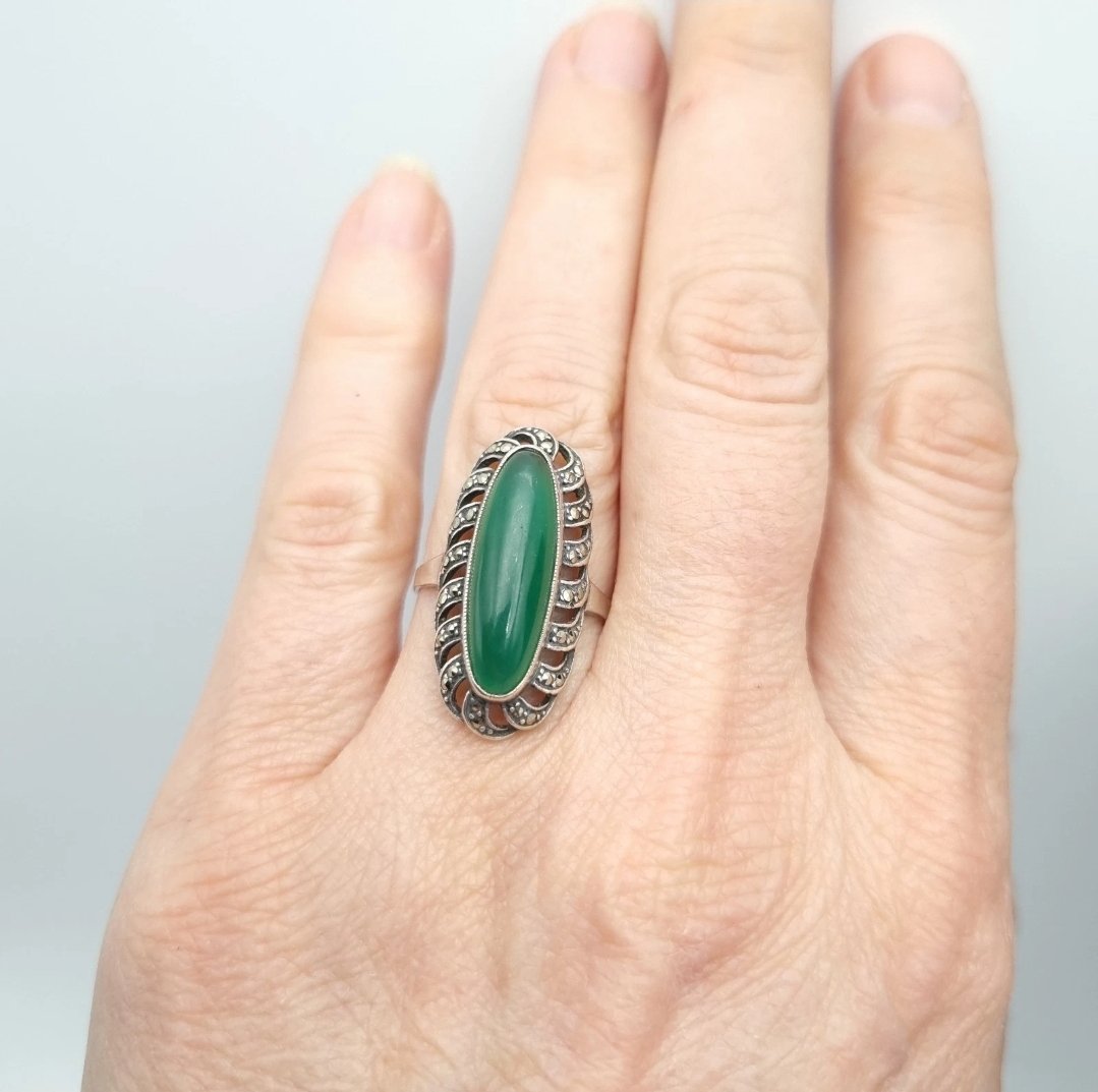 Swedish Art Deco Ring Silver Green Chalcedony