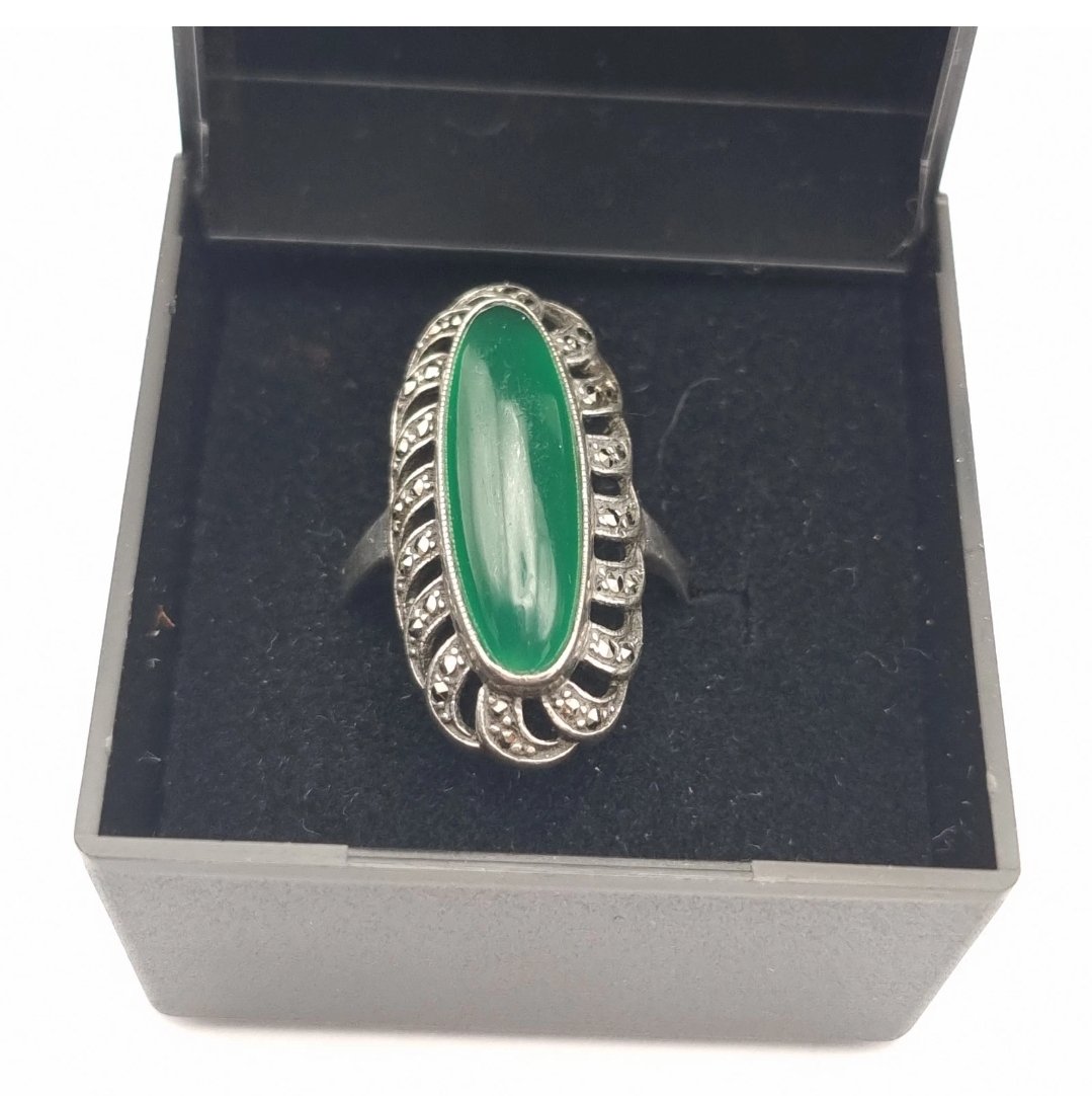 Swedish Art Deco Ring Silver Green Chalcedony