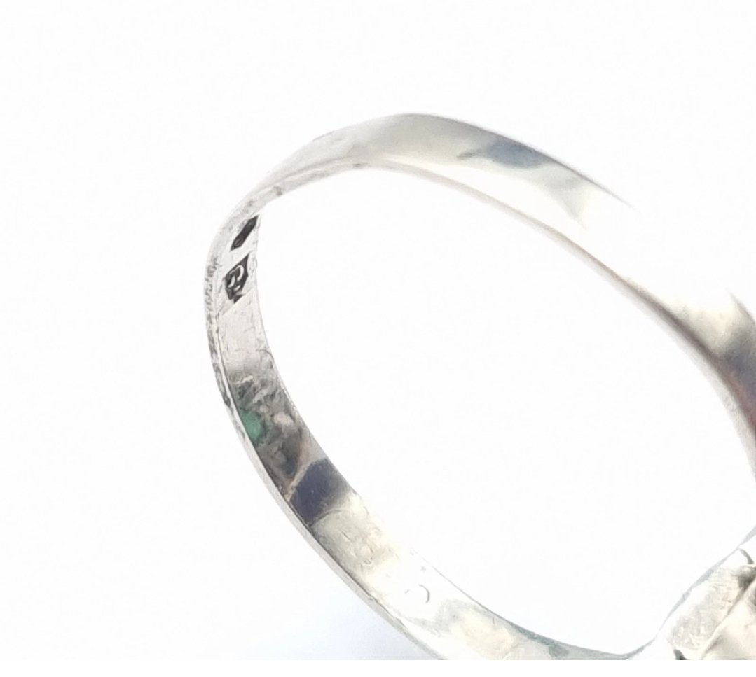 Swedish Art Deco Ring Silver Green Chalcedony with Marcasite P 7.75 - Image 4