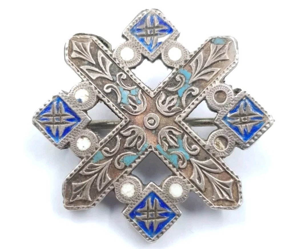 Victorian Silver Enamel Brooch Scottish Cross