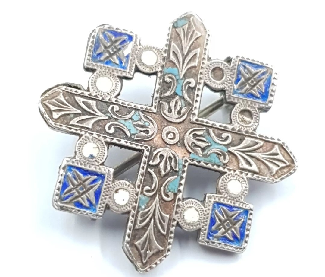Victorian Silver Enamel Brooch Scottish Cross