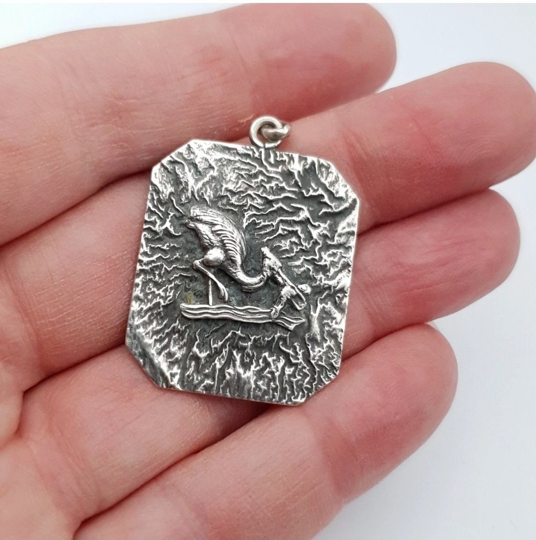 Danish Silver Pendant Heron & Fish Vintage