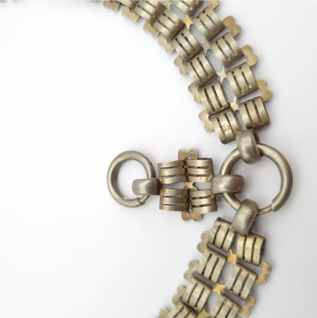 Antique Double Book Chain Necklace Large Bolt Ring White Metal Fancy Link - Image 3