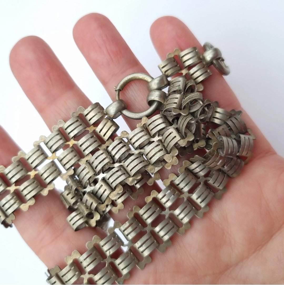 Antique Double Book Chain Necklace Large Bolt Ring White Metal Fancy Link - Image 5