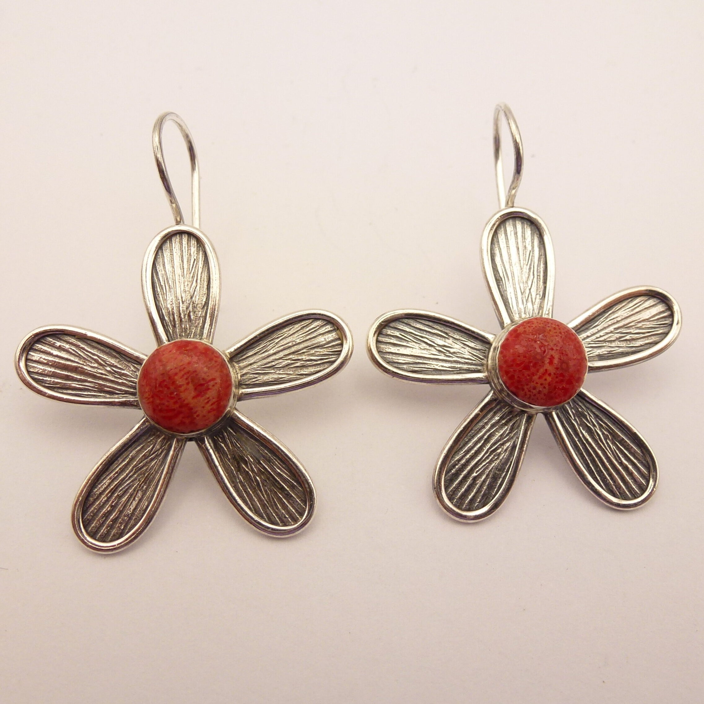 Daisy Earrings Coral Sterling Silver Handcrafted