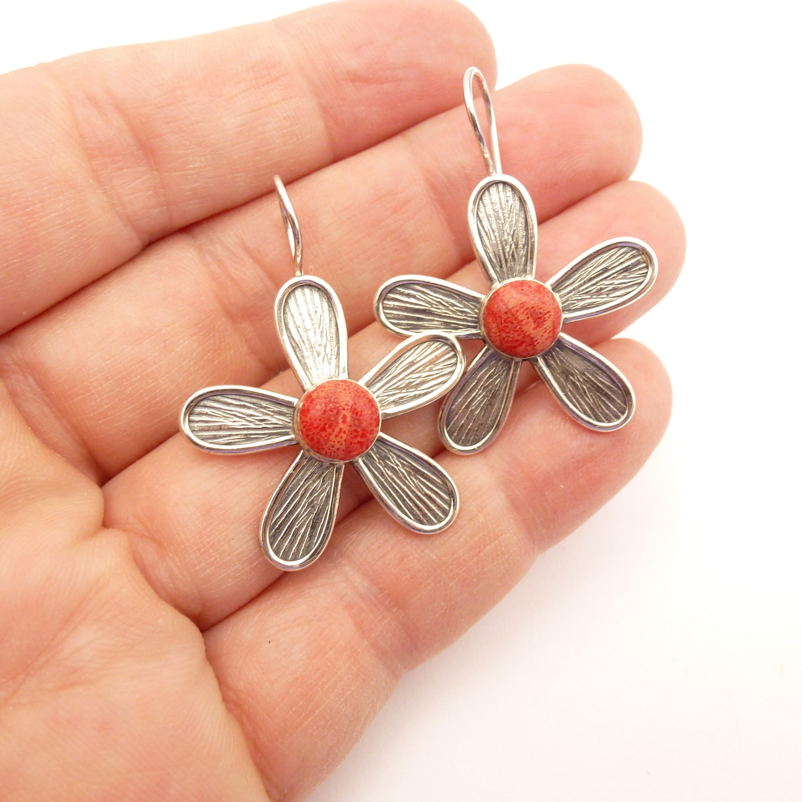 Daisy Earrings Coral Sterling Silver Handcrafted