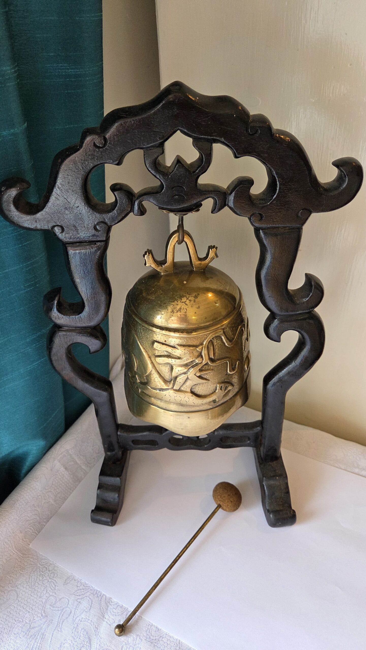 Vintage Dragon Temple Bell on Carved Stand