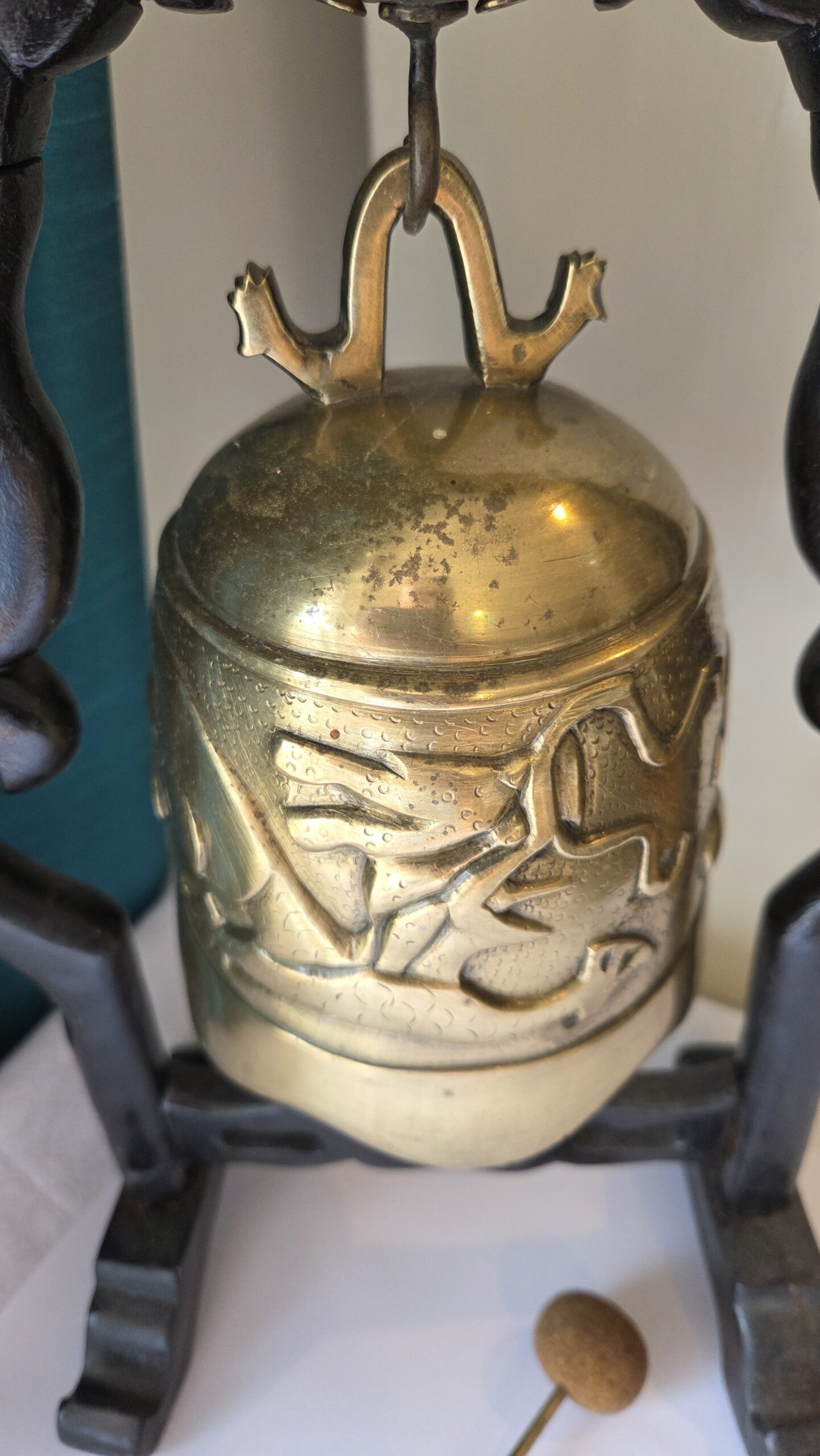 Vintage Dragon Temple Bell on Carved Stand with Gong. - Image 7