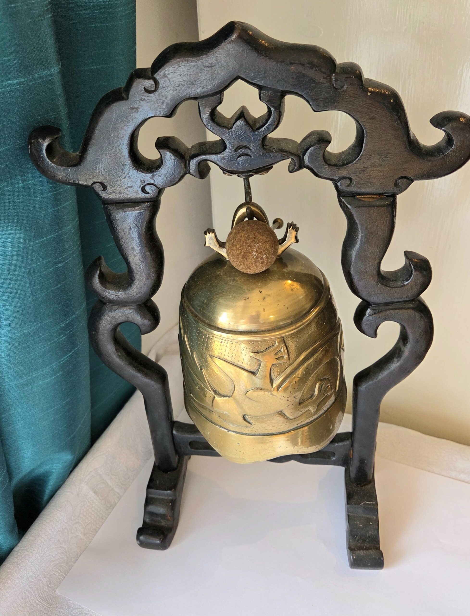 Vintage Dragon Temple Bell on Carved Stand with Gong. - Image 2