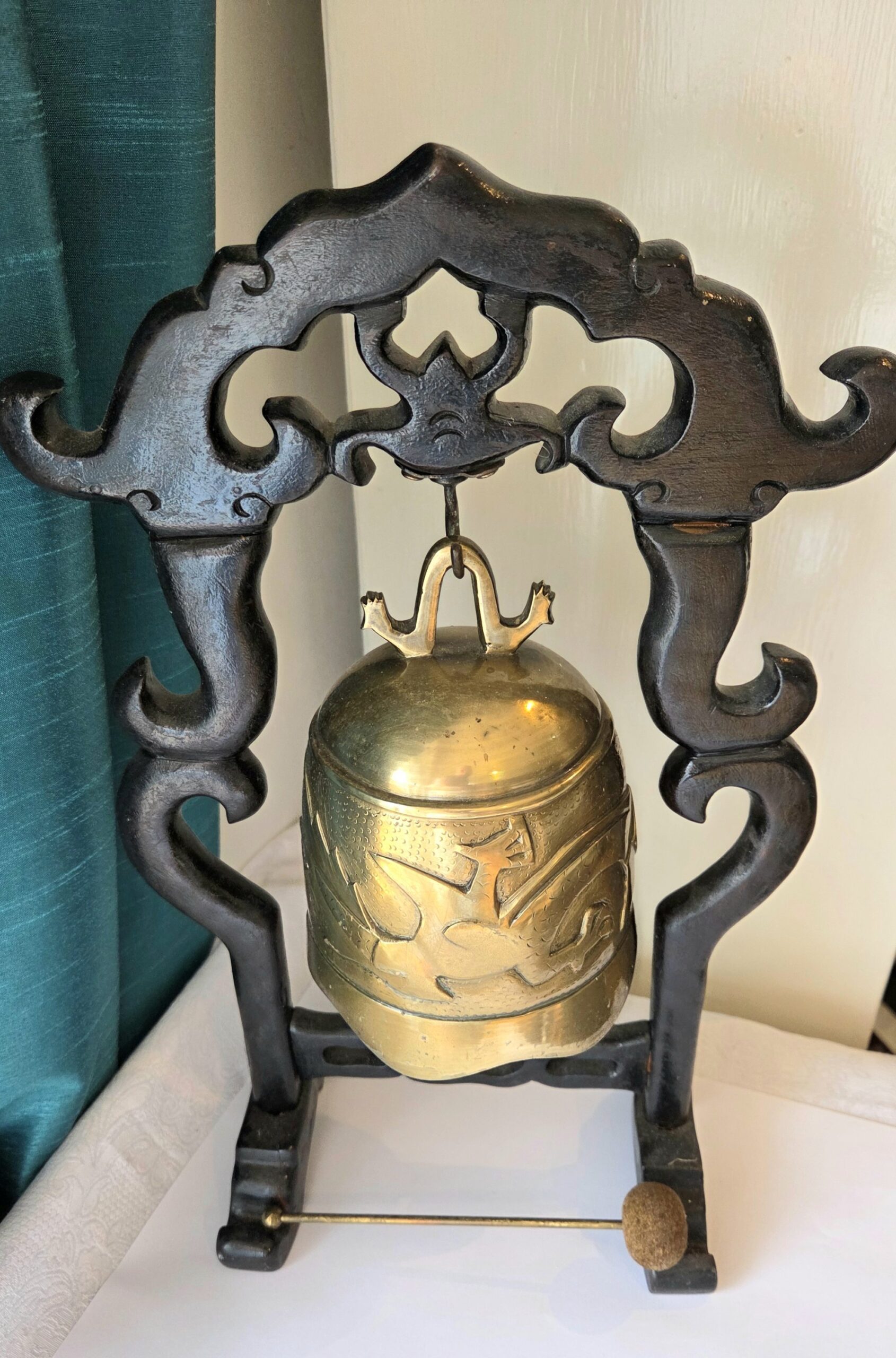 Vintage Dragon Temple Bell on Carved Stand with Gong. - Image 4