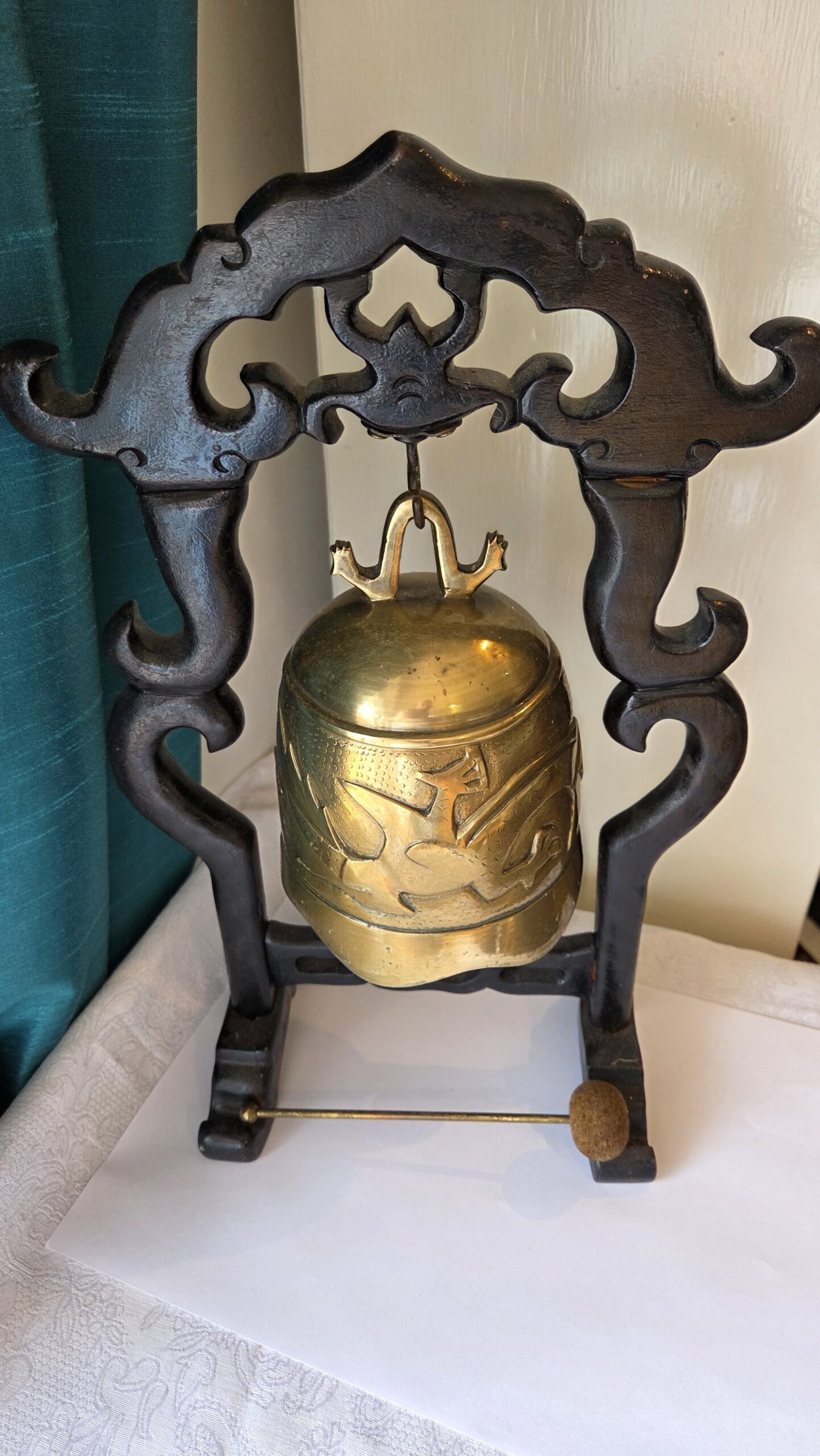 Vintage Dragon Temple Bell on Carved Stand with Gong. - Image 6