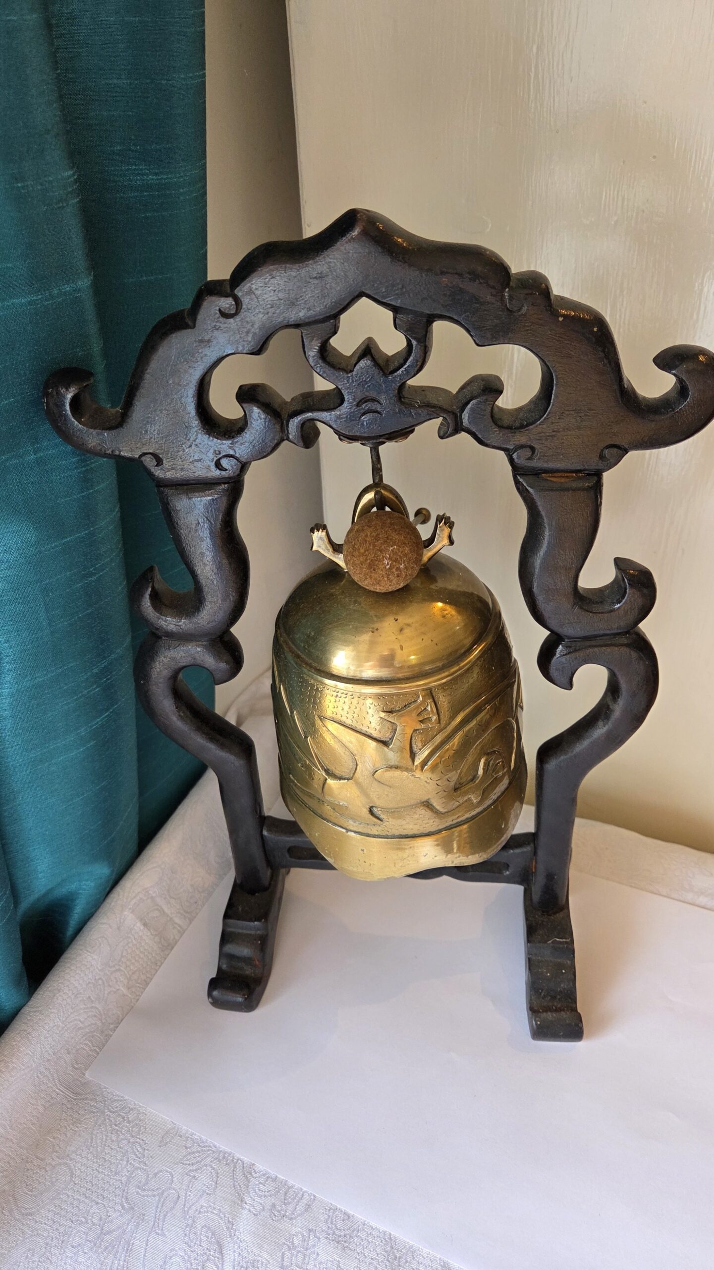 Vintage Dragon Temple Bell on Carved Stand with Gong. - Image 5
