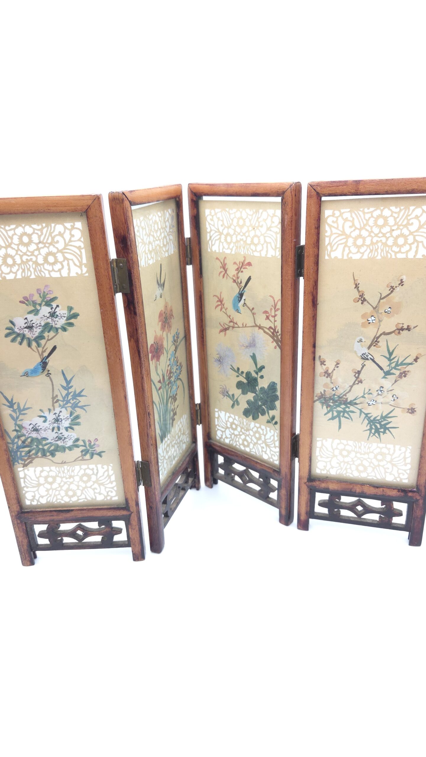 Chinese Miniature Folding Silk Screen Handpainted Birds