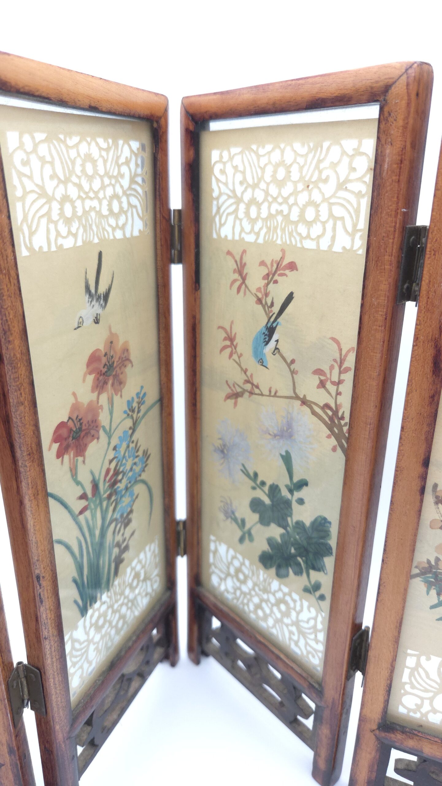 Chinese Miniature Folding Silk Screen Handpainted Birds