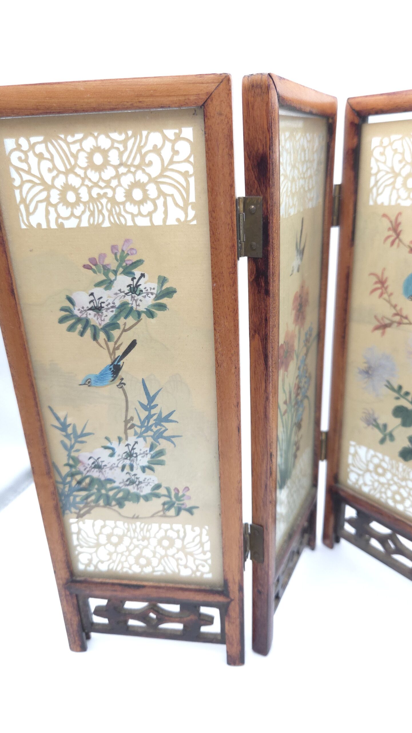 Chinese Miniature Folding Silk Screen Handpainted Birds