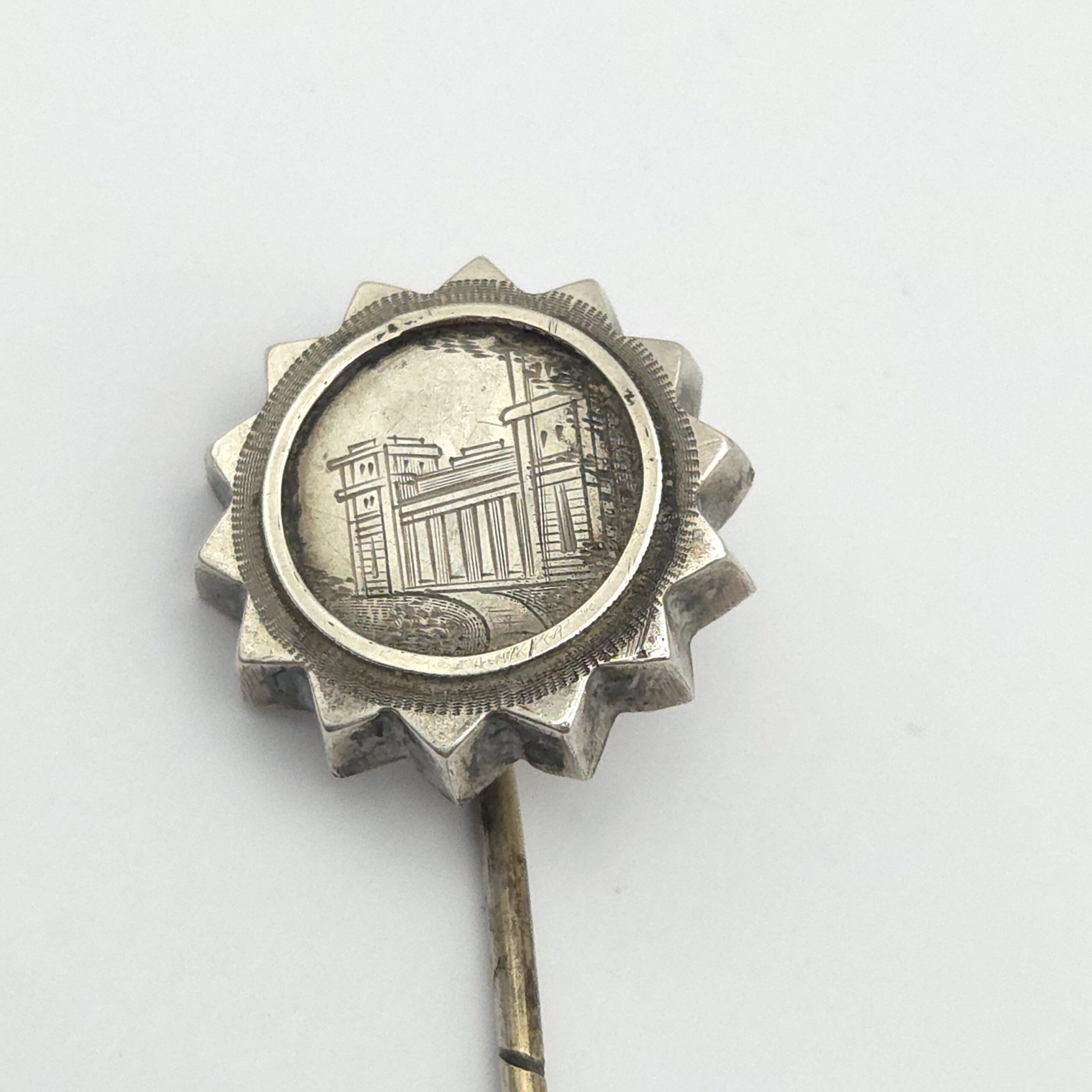 Victorian Silver Stick Pin of a Castle or Mansion.
