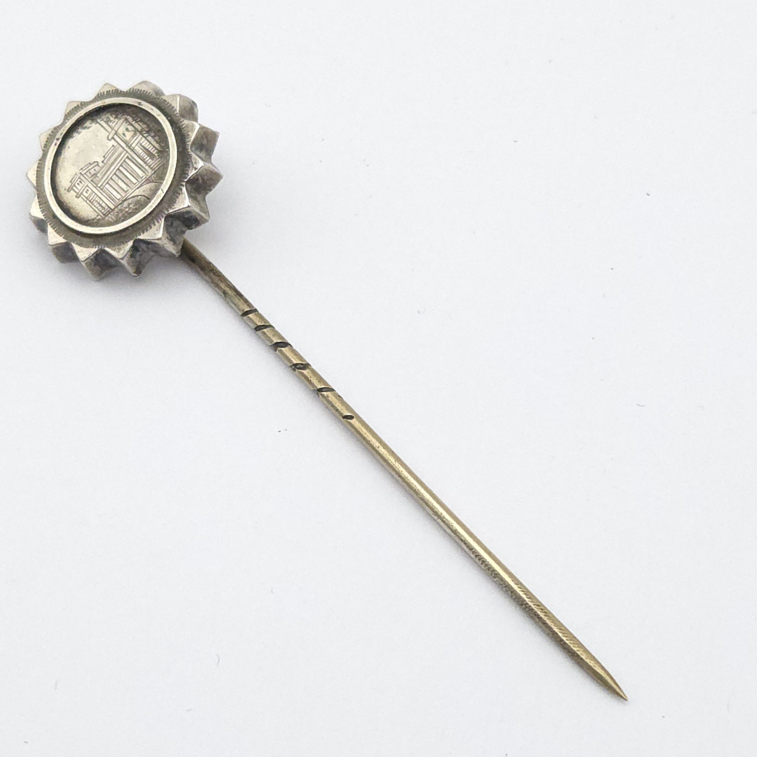 Victorian Silver Stick Pin of a Castle or Mansion.