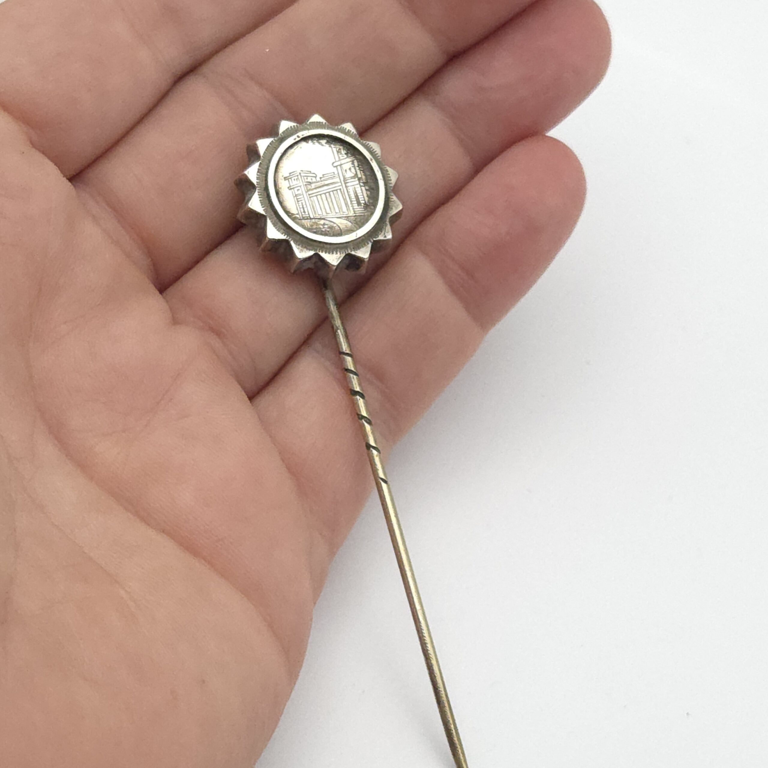 Victorian Silver Stick Pin of a Castle or Mansion.